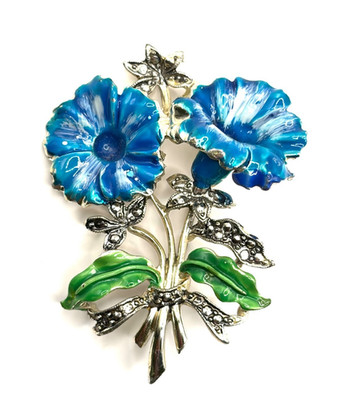 Vintage exquisite Emaille & Markasiten blaue Petunie Brosche