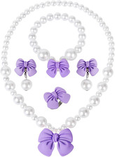 Princess Jewelry for Little Girls, Handmade Bow Pearl Kids Jewelry Set, Stretch