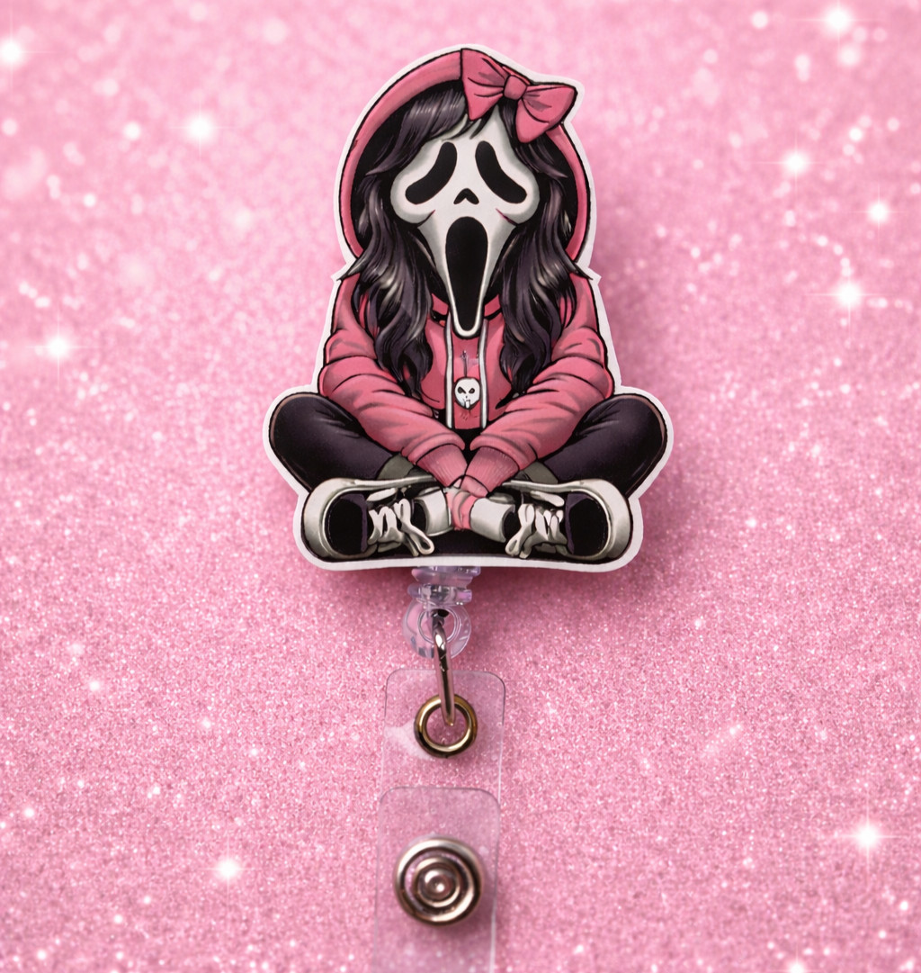 Cute Pink Spooky Ghost Face Badge Reel Retractable Halloween