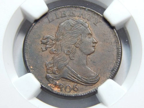1806 1/2C Draped Bust Half Cent Small 6, No Stems MS-61BN NGC, Mint Error!