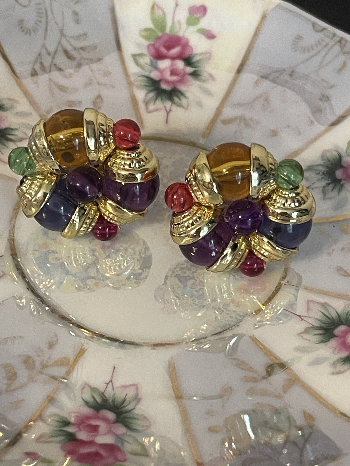 Vintage Gripoix-Style Mogul Cluster Multi-Colored Beaded Clip On Earrings