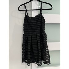 H&M Black Striped Sheer Mesh Overlay Fit Flare Dress Women's Size S