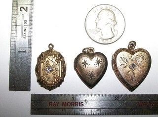 3 ANTIQUE VICTORIAN ART DECO GOLD FILLED DIAMOND LOCKETS PUFFY ENGRAVED SUPER!