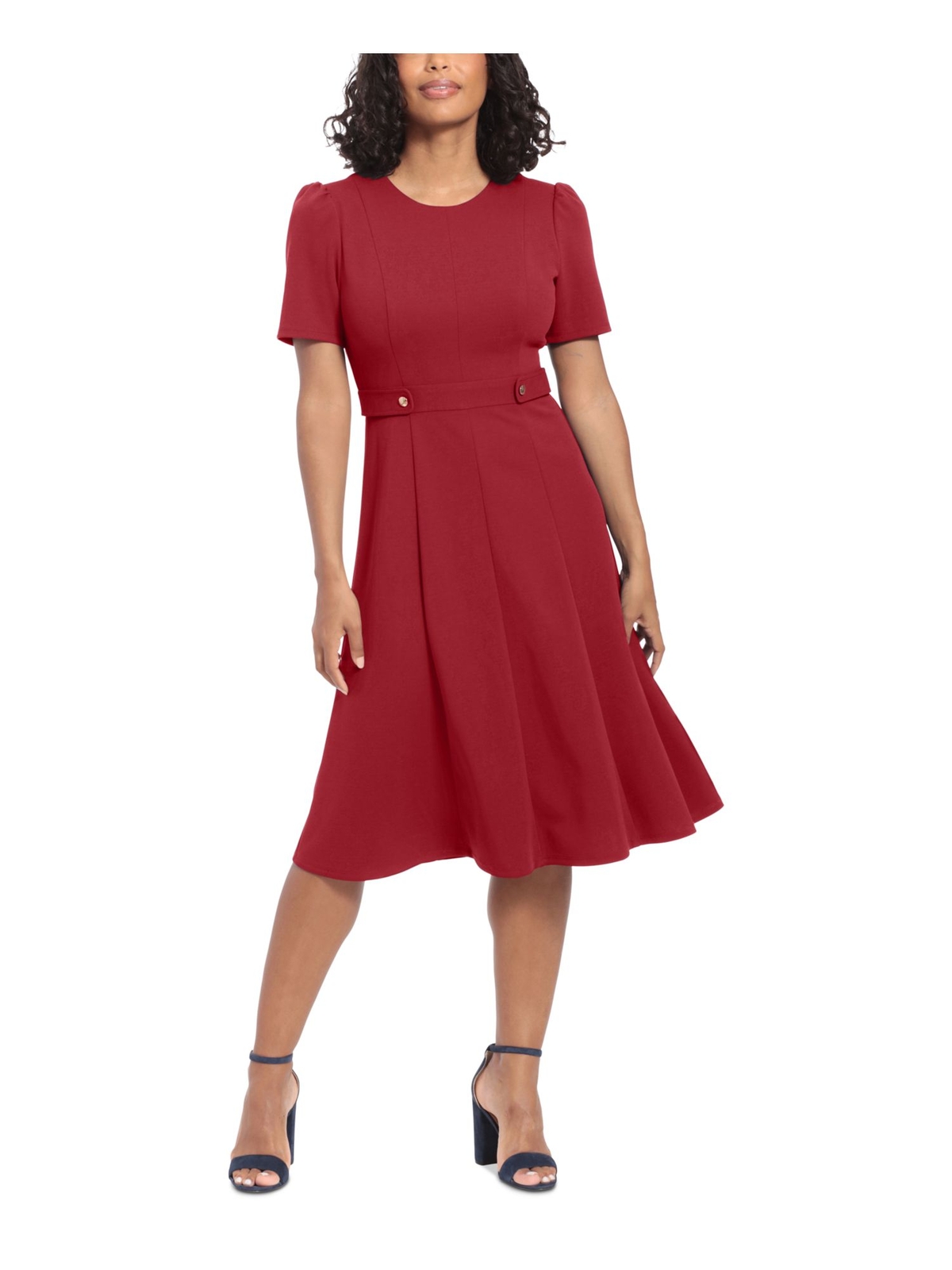 LONDON TIMES PETITES Womens Red Band Waist Button Tabs Midi Dress Petites 8P