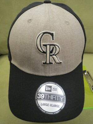 New Era Colo Rockies Black Flex Fit Hat, Heather Oat Front Split Wedge, Sz L/XL