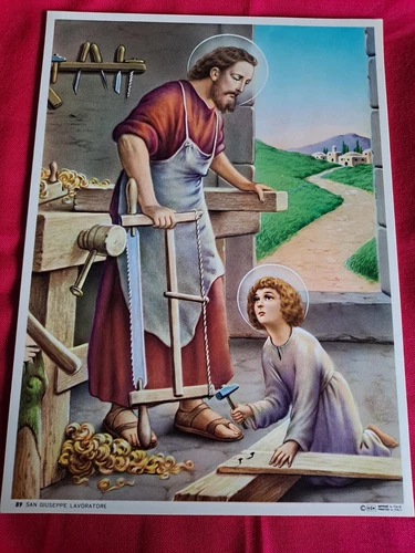 St Joseph The Worker & Jesus Italy Lithograph Print Never Used 7 1/4" x 10 6/16"