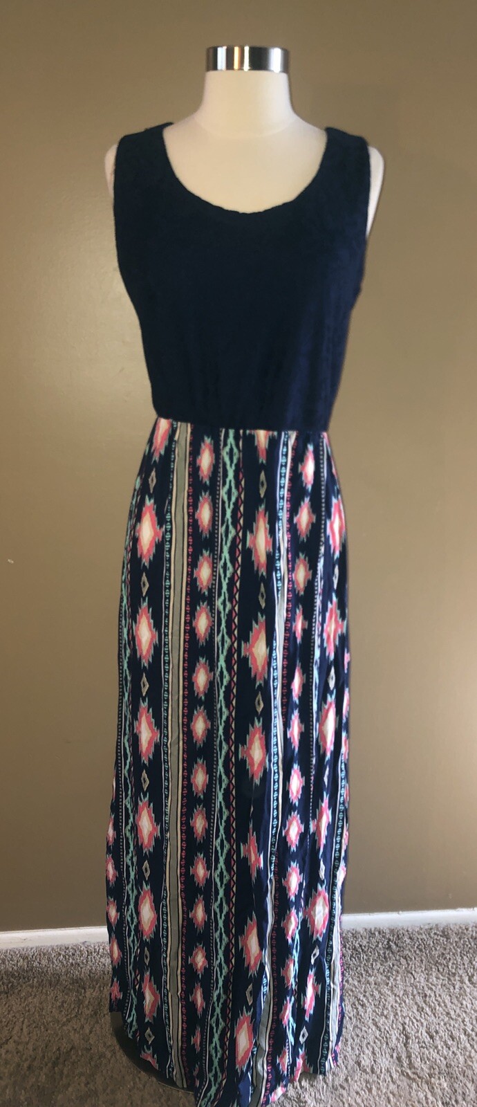 Maxi Dress Just Be Size Large Aztec Pattern Navy Blue Sleeveless-image