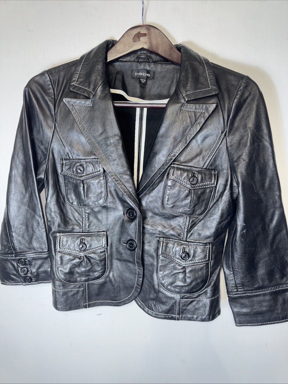 Bebe Womens  Size M 100% Genuine Leather Black 2 Button Jacket  Blazer Y2K