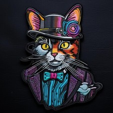 Cat In a Top Hat Patch Iron-on Applique Clothing Steam Punk Fantasy