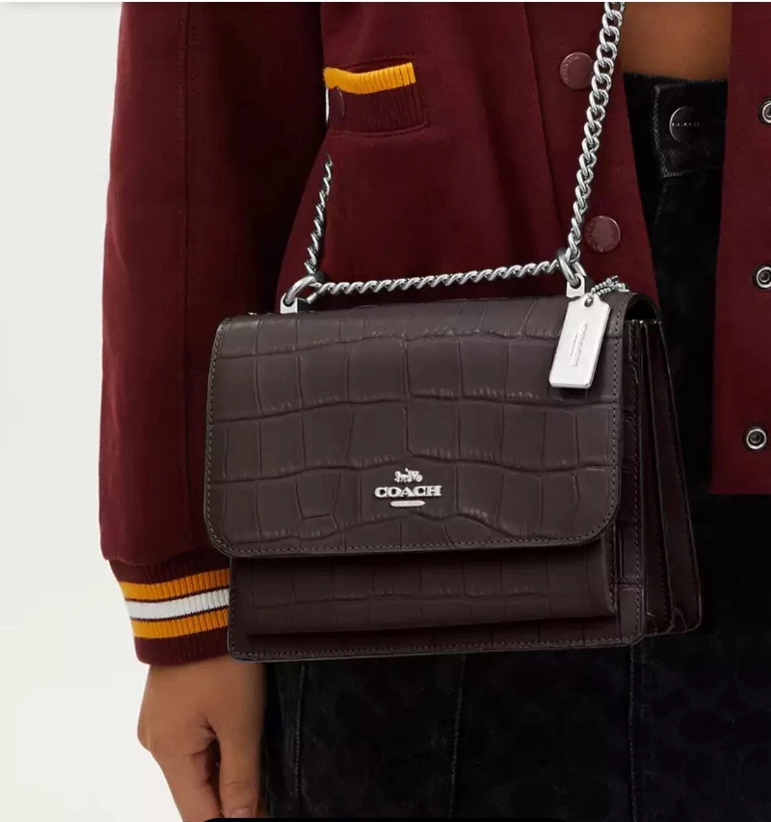 ?Tracolla Coach nuova con etichette catena in pelle trasparente in argento ametista prezzo di listino $450