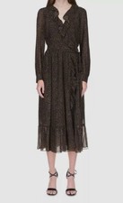$226 Michael Kors Women Green Leopard Ruffle Wrap Midi Dress Size S