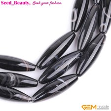 Oval Black and White Banded Agate 10x30mm Stone Beads For Jewelry Making 15" DIY