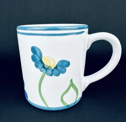 Vintage Caleca Pottery Mug Cup Italy Hand Painted White W/ Blue, Large EUC