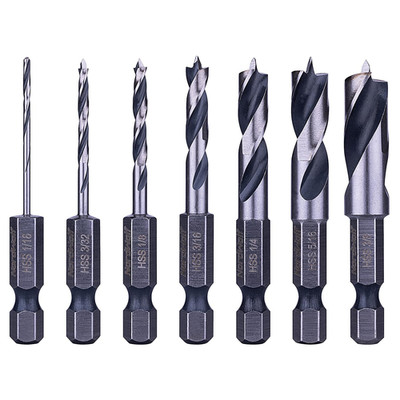 7-Piece HSS Brad Point Stubby Wood Drill Bit Set with 1/4'' Hex Shank for Carpent