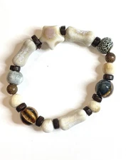 Star Bracelet Brown Tan Ivory Earthy  Boho Ceramic Elastic Stretchy Small