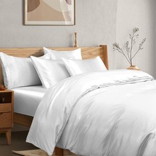 6Pcs Pure White Satin Duvet Cover Set with Fitted Sheet Silky King Duvet Cover -