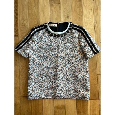 MARNI Floral Jacquard Knit Short Sleeve Top Glass Stone Collar Womens 40 or US 4