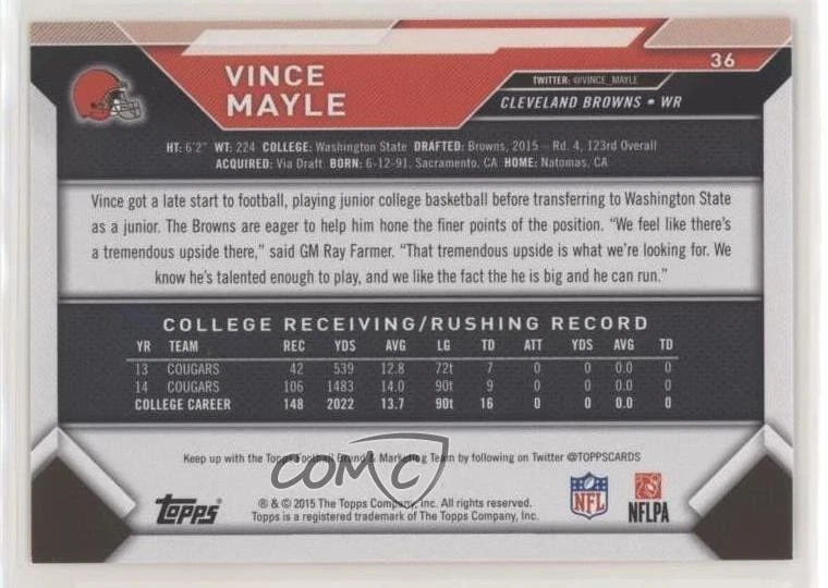 2015 Topps Take it to the House Vince Mayle #36 Rookie RC - Image 2 of 2