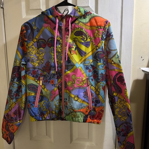 Versace Jeans Couture Baroque Paisley Print Hooded Windbreaker Jacket Size 36