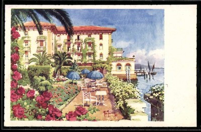 Artist postcard Fasano Riviera/Lago di Garda, Hôtel Bella Riva con giardino e vist 
