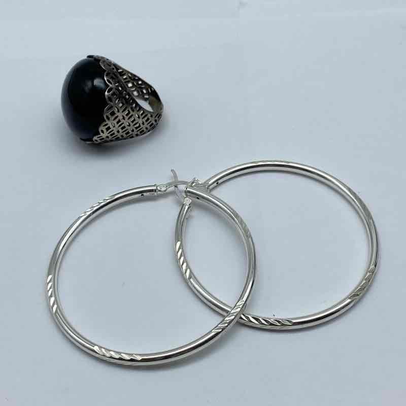 Sterling Silver 925 Black Onyx Ring & Diamond Cut Hoop Earrings Lot 21.3g