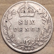1909 King Edward VII Silver Sixpence tanner 6d, 2.8 grams Sterling Silver 