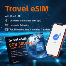 Unlimited eSIM 5GB for 30 Days, 51 Worldwide Countries Included