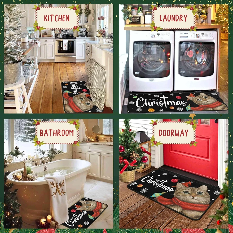 Decoraciones de Navidad para Hogar Gato Feliz Navidad Juego de 2 Alfombras de Cocina, Feliz  Foto 4 de 4