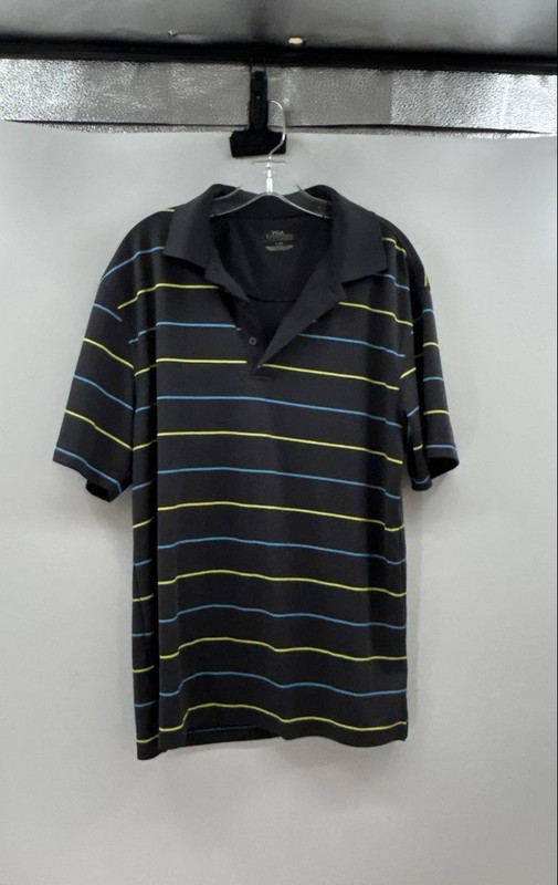 PGA Tour Mens Gray Blue Yellow Striped Short Sleeve Golf Polo Shirt Size L