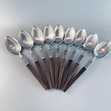 9 Ekco Eterna Stainless EKS14 SOUP Spoons Flower Brown Faux Wood Handle Vtg set
