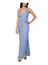 XSCAPE Womens Blue Slitted Sleeveless V Neck Maxi Formal Body Con Dress 2