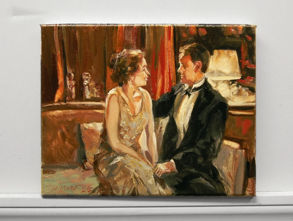 Hand Painted Oil Painting Seated Man And Woman 8"x10" stretched canvas COA - Image 3 of 4