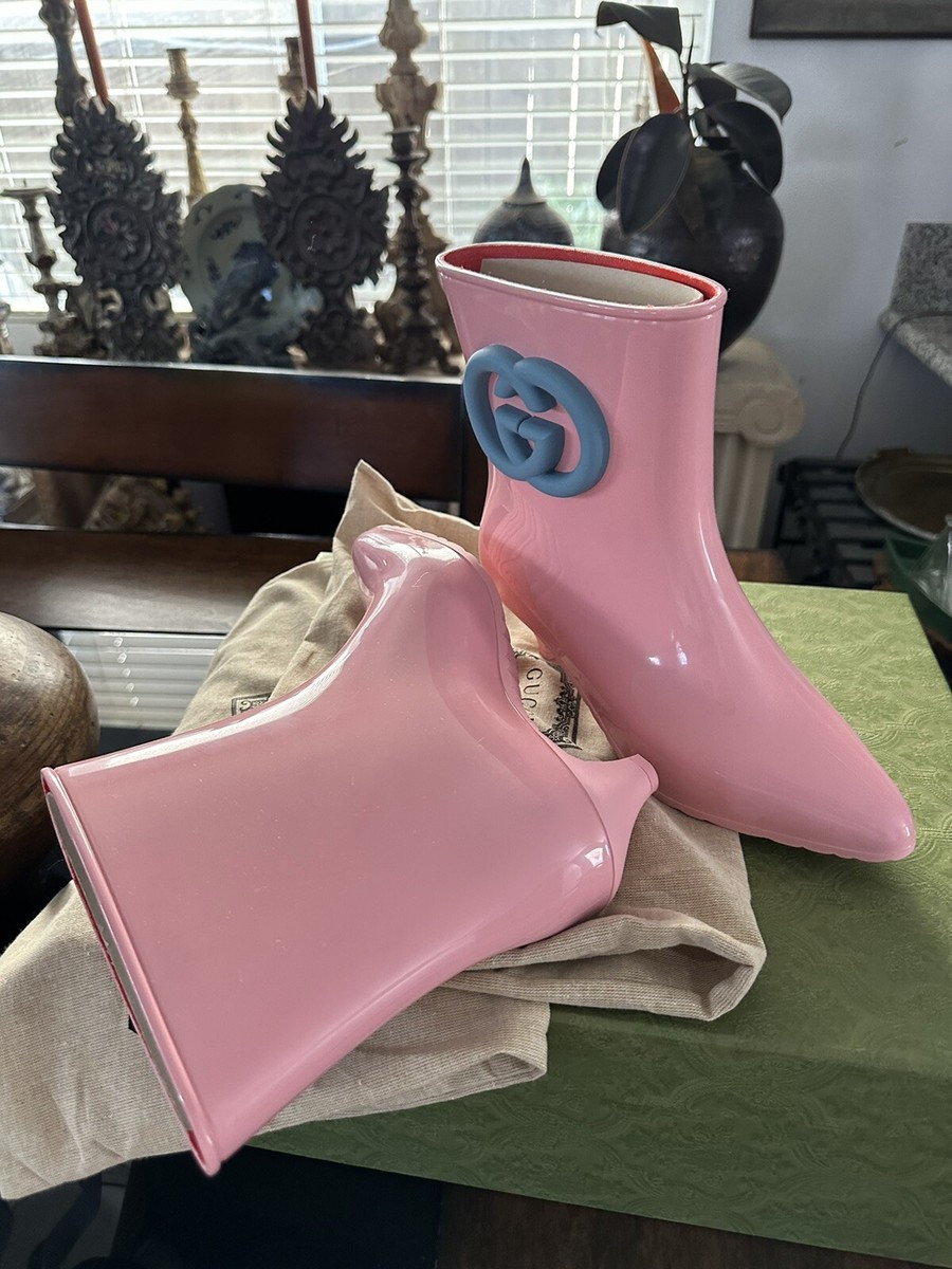 New Authentic Gucci Interlocking GG Logo Rubber Boots Pink
