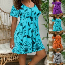 Short Sleeve Casual Floral Mini Dress Crew Neck Sundress Women Plus Size Summer