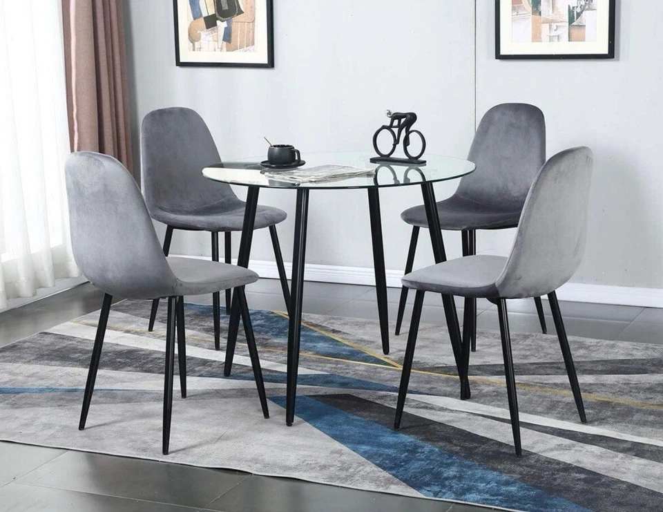 Juego de 4 sillas de comedor modernas grises de terciopelo Foto 2 de 4