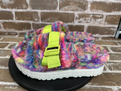 UGG Fluffita Pixelate White Multicolor Liner Fluff Slide Slippers Women's Size 6