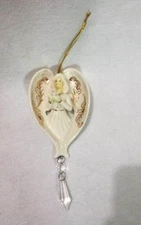 Angel and Dove Christmas Ornament Gilded Ivory Ceramic w/ Crystal Dangle Drop