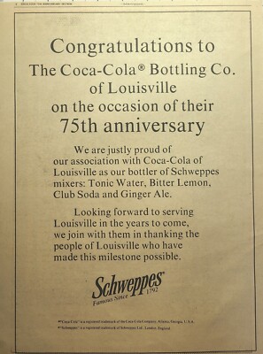 Schweppes Mixers Coca Cola Louisville KY Bottler Anniv. Vintage Print Ad 1976