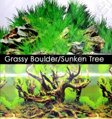 UNDERWATER TREASURES Grassy Boulder/Sunken Tree 2 Scene 24" Aquarium Background
