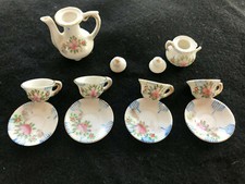 12 Pc VTG Miniature Porcelain Tea Set - Japan flora blue stripe gold trim