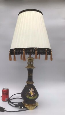 Antike Französische Empire Tischlampe Schwarz & Gold Handbemalt Putti Napoleon III