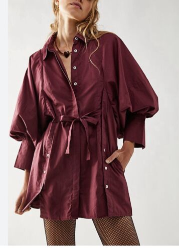 Free People Christi Mini Shirt Dress Wine Color Balloon Sleeve Button Up NWOT XS