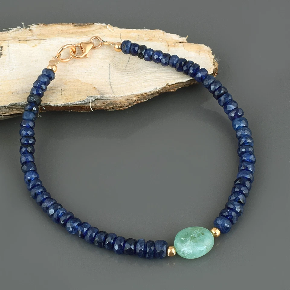 Brazalete de diseño con cuentas de piedras preciosas de zafiro azul y esmeralda natural de plata 925 Foto 3 de 4