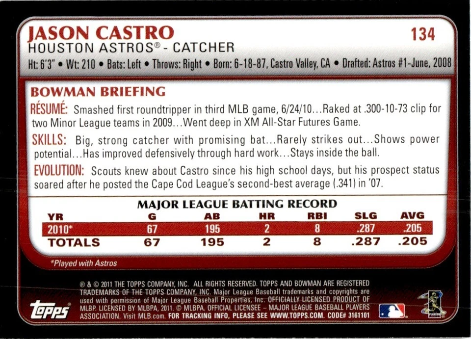 2011 Bowman International ! Jason Castro Houston Astros #134 - Image 2 of 2