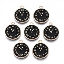 Enamel Charms Clock Face Roman Numerals Gold Base 14mm Diameter 10pcs E81