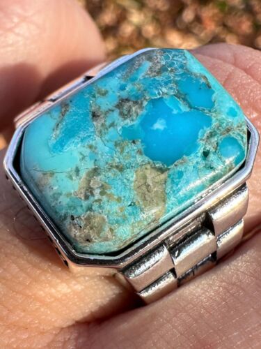 Bague homme véritable pierre précieuse amérindienne naturelle argent massif 925 bleu turquoise - Photo 1 sur 21