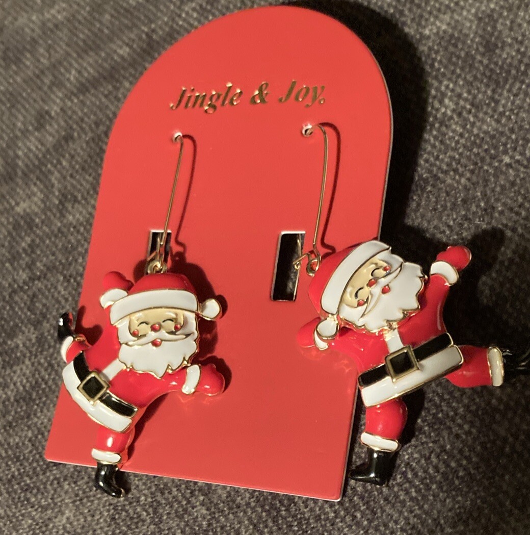 JINGLE & JOY ADORABLE Gold Christmas Santa Earrings W/Movable Legs & Head NIB!
