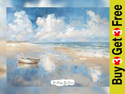Ruhige Strandszene und Ruderboot, Ölgemälde Druck 5''x7'' auf mattem Papier