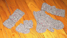 NEW GRAY WOOL TWEED HAND MADE CROCHET HEAD BAND  MITTENS CHILD 6/8 DOLL SIZE