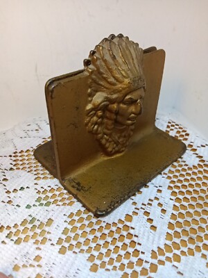 Vintage Cast Iron Native American Indian Head Bookends 4.25 Inches